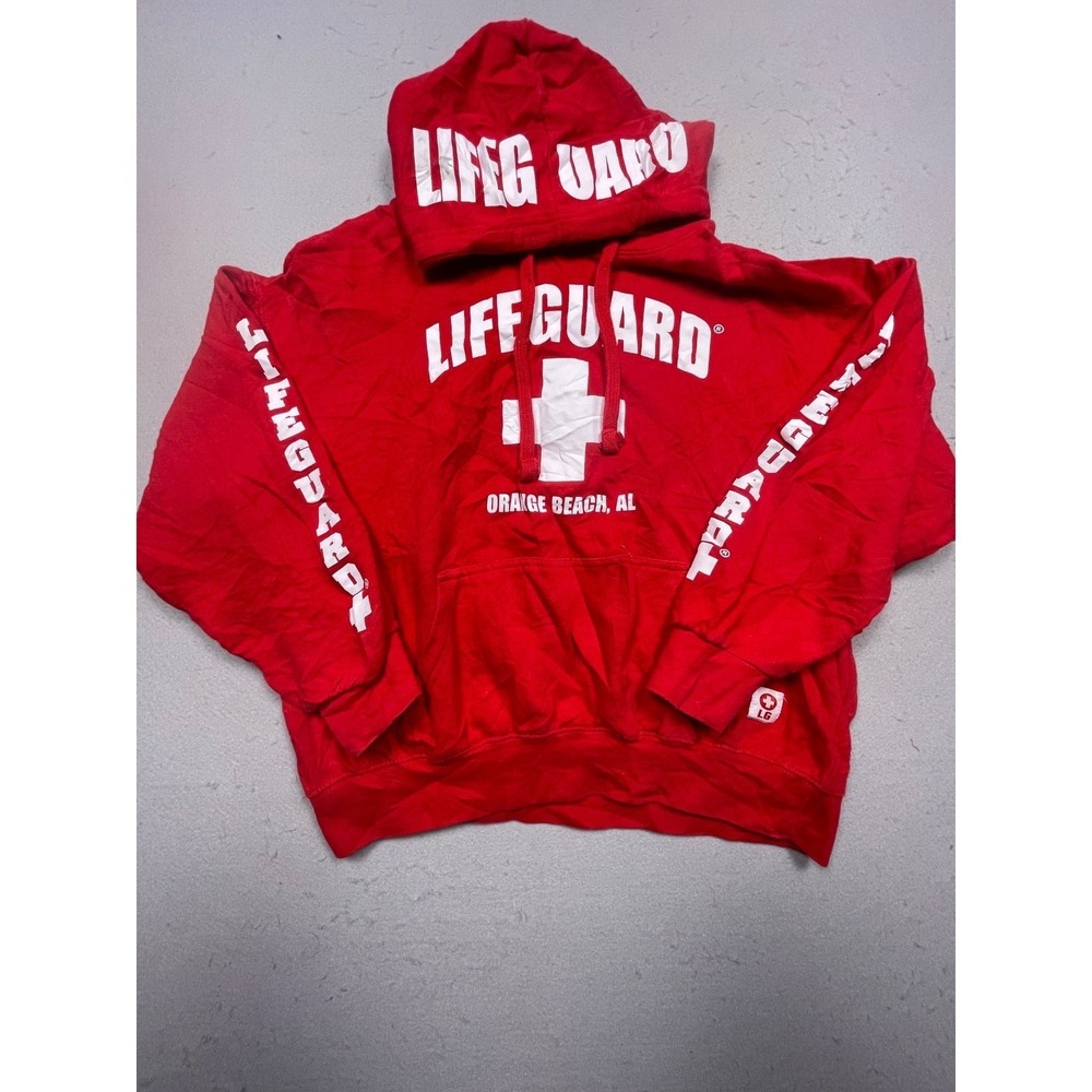 Lifeguard Orange Beach AL Hoodie Mens Large Red Cotton Blend Good